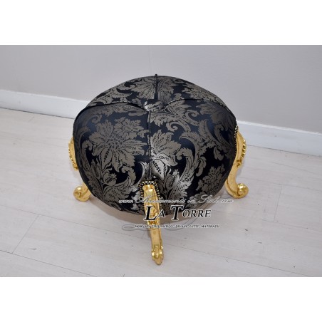 Eneas runder Pouf Louis XV Barock Gold Schwarz Damaststoff Swarovski AL6064