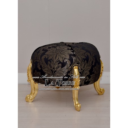 Eneas runder Pouf Louis XV Barock Gold Schwarz Damaststoff Swarovski AL6064
