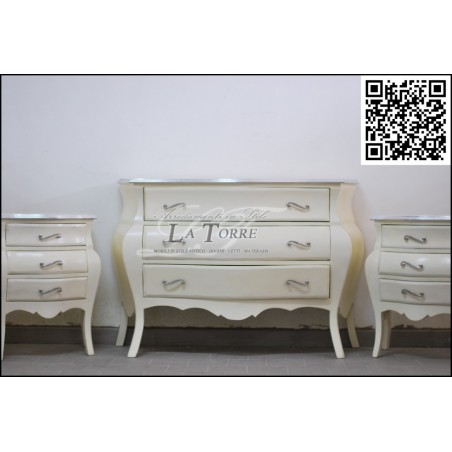 Dreiteilige Schlafzimmerkommode, Nachttisch, gebogen, weiß, silber, Barock, Louis XV AL1901