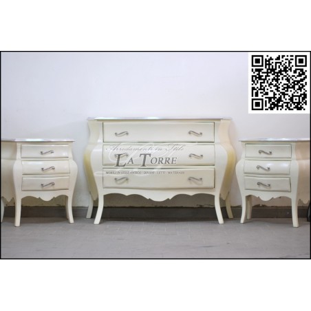 Dreiteilige Schlafzimmerkommode, Nachttisch, gebogen, weiß, silber, Barock, Louis XV AL1901