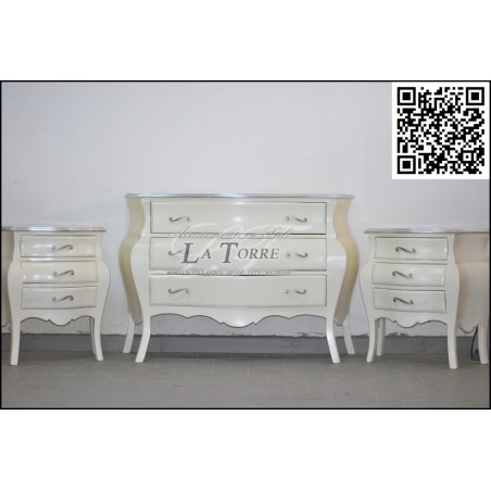 Dreiteilige Schlafzimmerkommode, Nachttisch, gebogen, weiß, silber, Barock, Louis XV AL1901