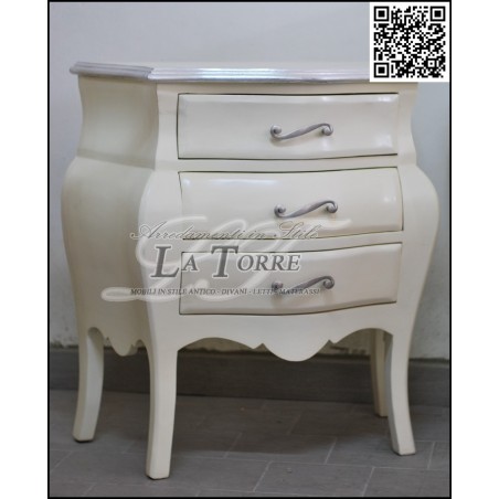 Dreiteilige Schlafzimmerkommode, Nachttisch, gebogen, weiß, silber, Barock, Louis XV AL1901
