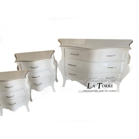 Dreiteilige Schlafzimmerkommode, Nachttisch, gebogen, weiß, silber, Barock, Louis XV AL1901