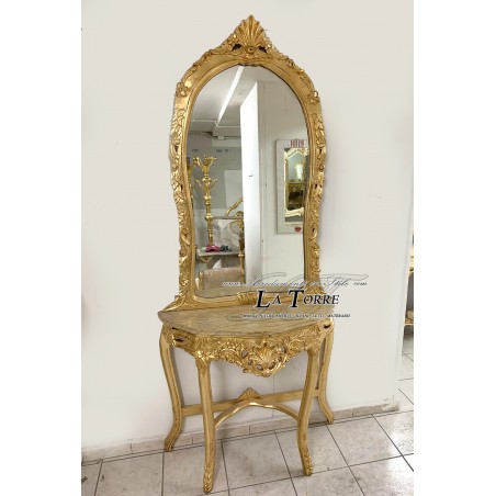 Konsolentisch mit Louis-XV-Barockspiegel aus Blattgoldmarmor AL2010