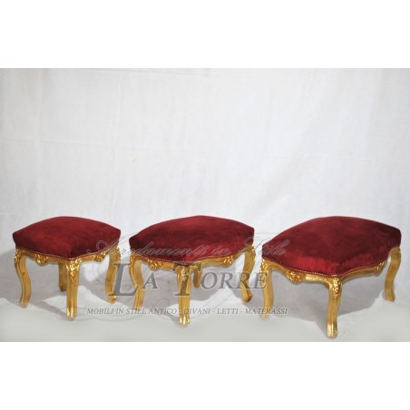 Tris di Pouff Luigi XV stile barocco piedi in foglia oro vellutino bordeaux AL7778