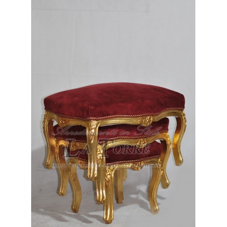 Tris di Pouff Luigi XV stile barocco piedi in foglia oro vellutino bordeaux AL7778