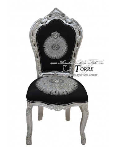 Poltrona sedia Still Luigi XV Barocco Legno Argento tessuto nero stile dea medusa LT3023