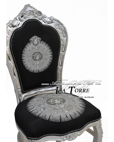 Still Louis XV Barock-Sessel, silberfarbenes Holz, schwarzer Stoff, Medusa-Göttin-Stil, LT3023