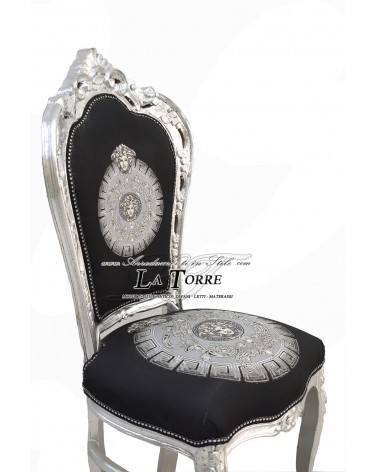Poltrona sedia Still Luigi XV Barocco Legno Argento tessuto nero stile dea medusa LT3023