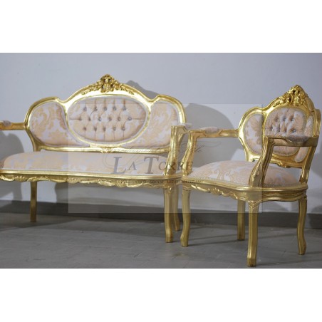 Klassisches, geschwungenes Wohnzimmersofa, Sessel, Couchtisch, Blattgold, Barock LT2786