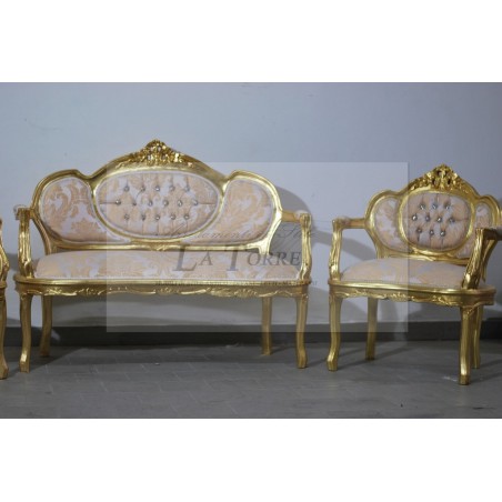 Klassisches, geschwungenes Wohnzimmersofa, Sessel, Couchtisch, Blattgold, Barock LT2786