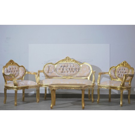 Klassisches, geschwungenes Wohnzimmersofa, Sessel, Couchtisch, Blattgold, Barock LT2786