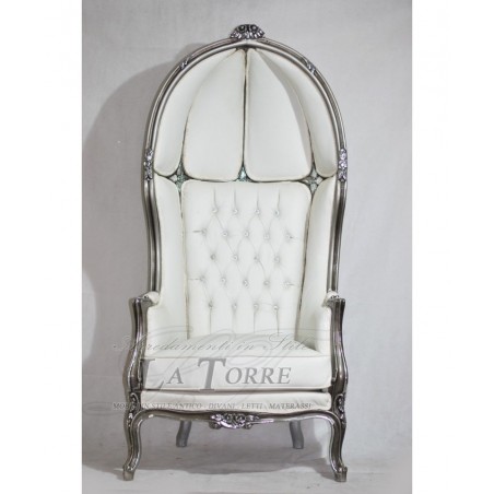 Barocker Kuppelsessel, Thronsofa, Silberholz, weißes Kunstleder Ar1556