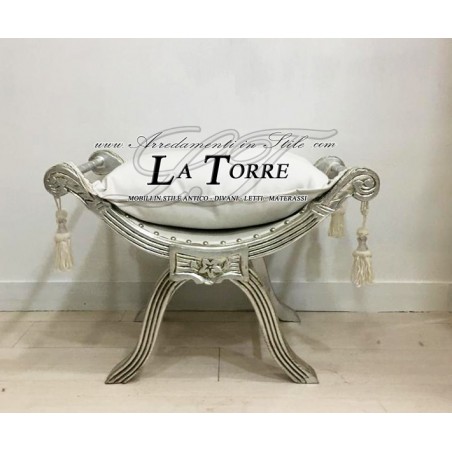 Savonarola Bank Louis XV Hocker Silber Weiß Kunstleder Ar1561