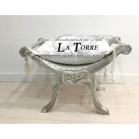 Savonarola Bank Louis XV Hocker Silber Weiß Kunstleder Ar1561