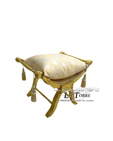 Savonarola Bench Louis XV Stool Gold Damask Fabric Ivory AR1561