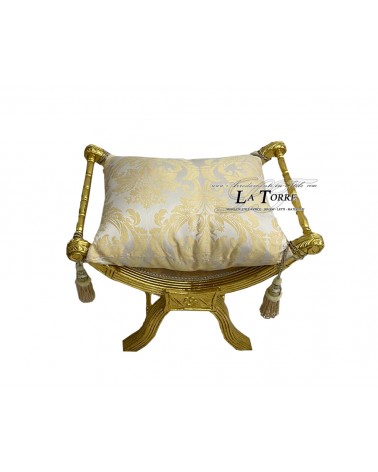 Savonarola Bench Louis XV Stool Gold Damask Fabric Ivory AR1561