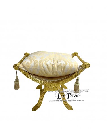Savonarola Bench Louis XV Stool Gold Damask Fabric Ivory AR1561