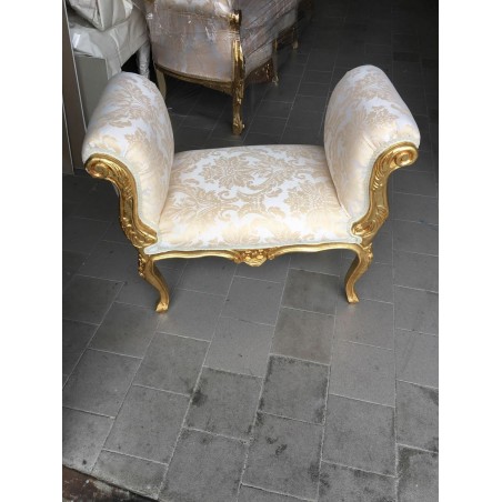 Französische Tagesbettbank, Sofa, goldene Holzbank, champagnerfarbener Damaststoff K86