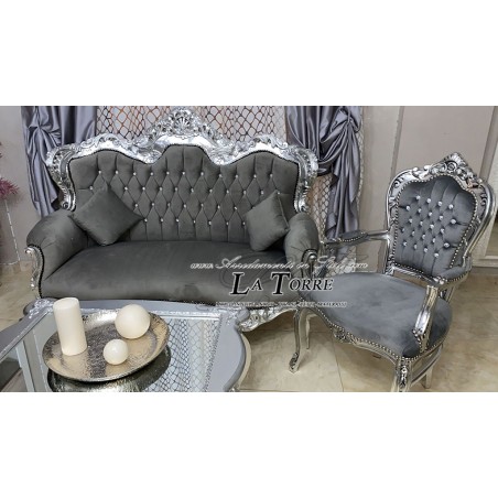 Divano Poltrona Germany Salotto Foglia Argento Barocco legno massello velluto grigio MA0104
