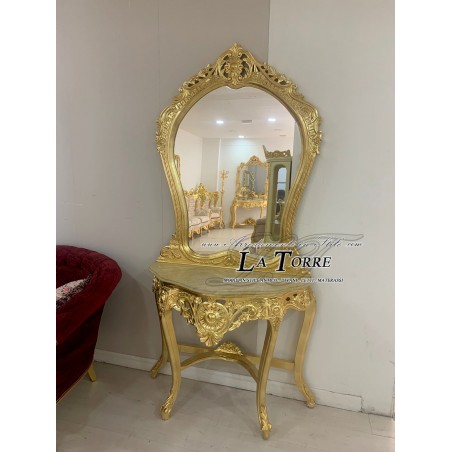 Baroque Louis XV console in wood with gold leaf entrance, ivory marble and mirror MA3008