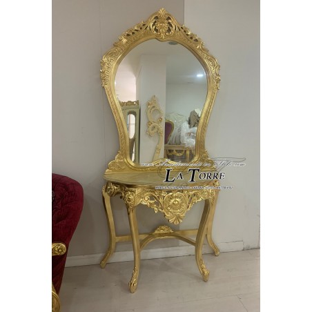 Barocker Louis-XV-Konsolentisch aus Holz mit vergoldetem Eingang, Elfenbeinmarmor und Spiegel MA3008