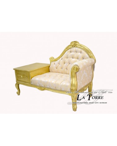 Tagesbettbank, Telefonhalter, Sofabank, Holz, goldfarbener Damaststoff, elfenbeinfarbene Swarovski-Kristalle, Ma3011