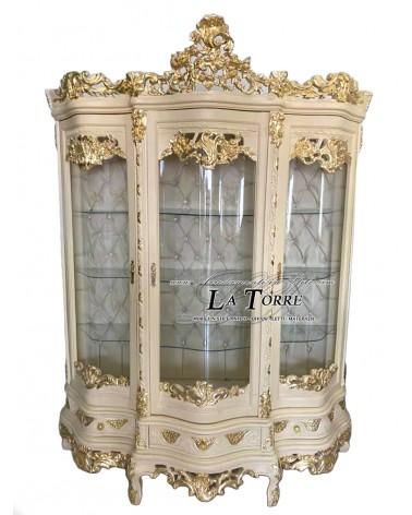 Curved display case 3 doors glass cabinet ivory and gold Louis XV Baroque eco-leather champagne swarovski LT3020