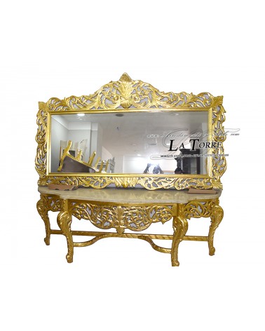Barocker Louis-XV-Konsolentisch aus elfenbeinfarbenem Marmor mit Blattgold und Spiegel LT3042