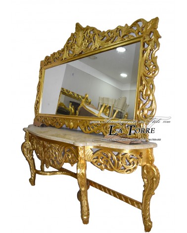 Barocker Louis-XV-Konsolentisch aus elfenbeinfarbenem Marmor mit Blattgold und Spiegel LT3042