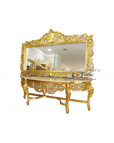 Barocker Louis-XV-Konsolentisch aus elfenbeinfarbenem Marmor mit Blattgold und Spiegel LT3042