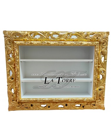 Wandvitrine im Barockstil mit perforiertem Rahmen, TV-Box, Flaschenhalter, maßgefertigtem Bücherregal, VTGGO