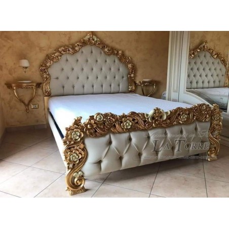 Letto Matrimoniale contenitore ecopelle Barocco legno foglia oro PILISSENA