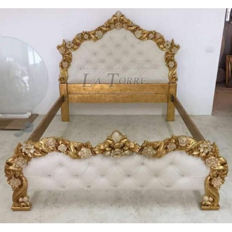 Letto Matrimoniale contenitore ecopelle Barocco legno foglia oro PILISSENA