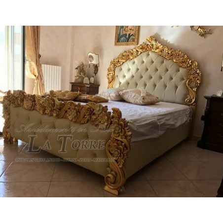 Letto Matrimoniale contenitore ecopelle Barocco legno foglia oro PILISSENA
