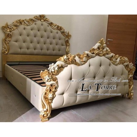 Letto Matrimoniale contenitore ecopelle Barocco legno foglia oro PILISSENA