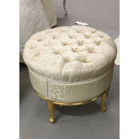 Antique Baroque style pouf with gold leaf feet and ivory swarovski damask fabric seat AL5355