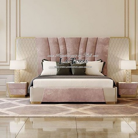 Modernes Doppelbett Selene mit Stauraum, Samt, Kunstleder, Rosa, Elfenbein, Blattgold, jede Farbe