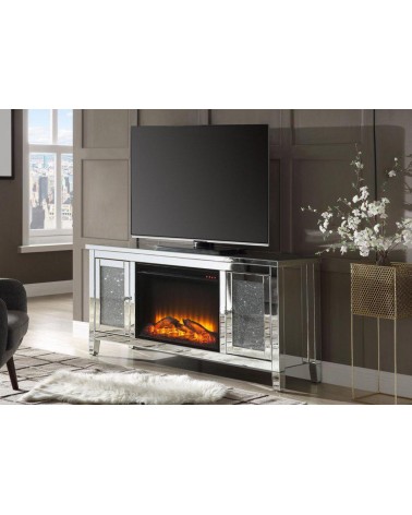Camino Elettrico Mobile Porta TV Specchiato con Brillanti Swarovski – Design Moderno e Riscaldamento Reale J066
