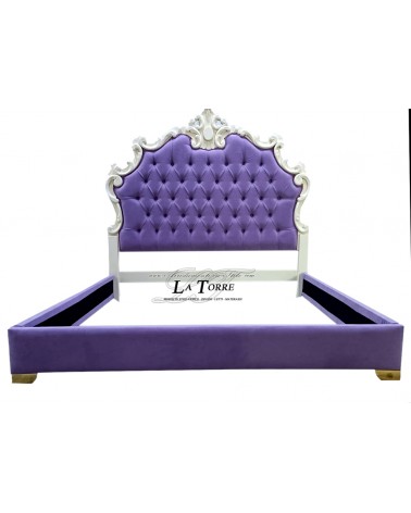 Barockes Kingsize-Doppelbett aus Öko-Leder oder Samt, weiß-violettes Holz, jede Farbe, Giselle