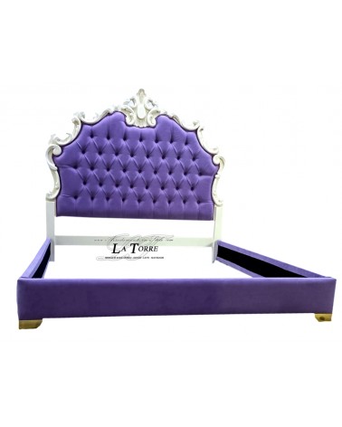 Barockes Kingsize-Doppelbett aus Öko-Leder oder Samt, weiß-violettes Holz, jede Farbe, Giselle