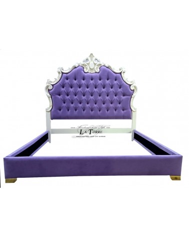 Barockes Kingsize-Doppelbett aus Öko-Leder oder Samt, weiß-violettes Holz, jede Farbe, Giselle