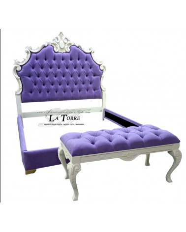 Barockes Kingsize-Doppelbett aus Öko-Leder oder Samt, weiß-violettes Holz, jede Farbe, Giselle