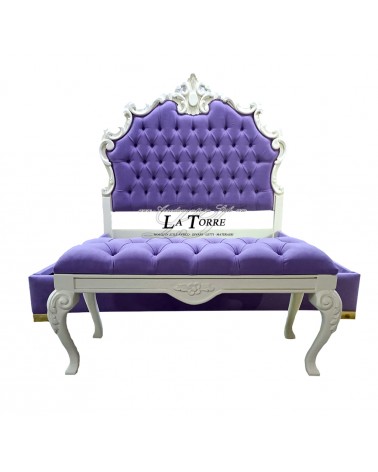 Barockes Kingsize-Doppelbett aus Öko-Leder oder Samt, weiß-violettes Holz, jede Farbe, Giselle