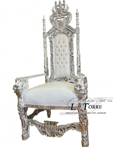 Baroque style king throne with lions royal armchair silver white eco leather AL10