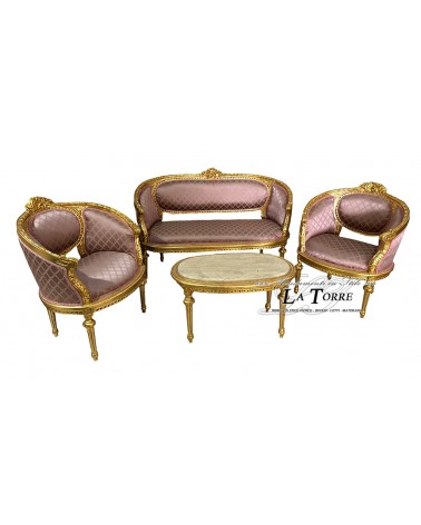 Barockes, geschwungenes Wohnzimmer in Gold und Rosa – Elegantes Sofa, Sessel und Couchtisch AL1453