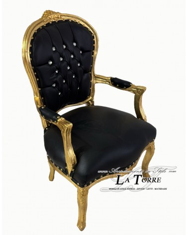 Armchair futè chair with armrests baroque style Louis XV gold black eco-leather AR1114