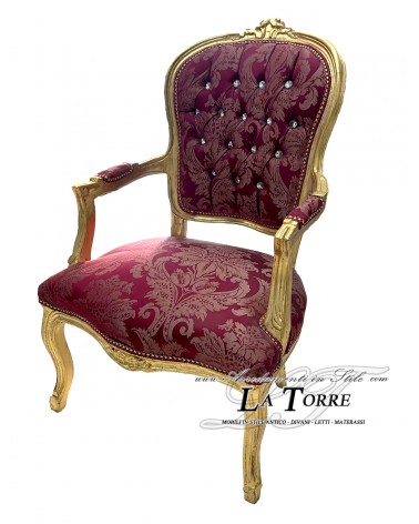 Poltrona futè sedia con braccioli stile barocco Luigi XV oro tessuto damascato bordeaux AR1114