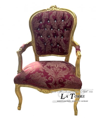 Poltrona futè sedia con braccioli stile barocco Luigi XV oro tessuto damascato bordeaux AR1114