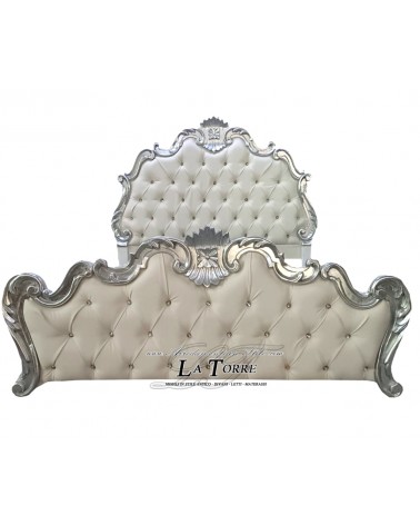 Baroque double bed in faux leather container, gold wood, silver Fabiola